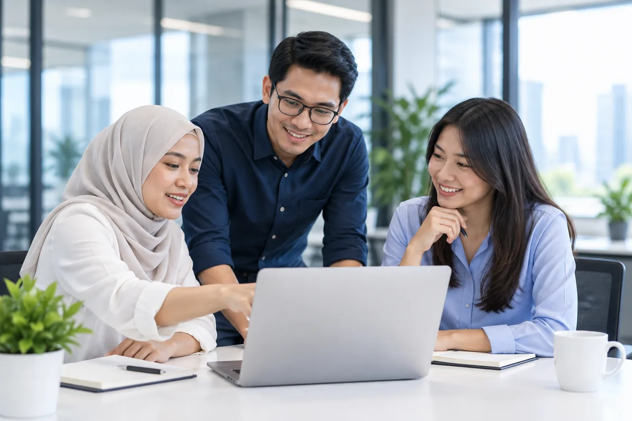 Illustrative team collaborating in an office